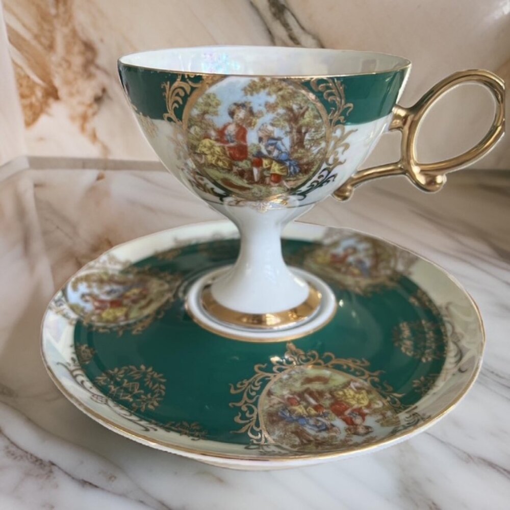 Shafford Iridescent Pedestal Teacup & Saucer Collectible Japan 1950 Hand Painted